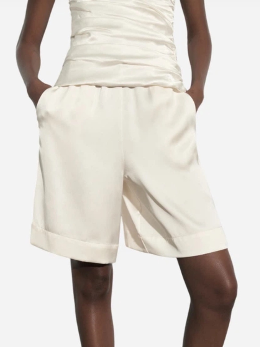 Zara Cream High-Rise Tailored Satin Bermuda Shorts